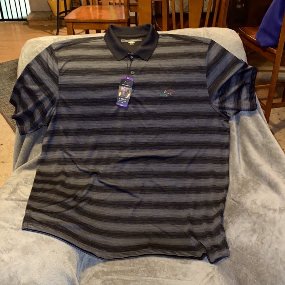 Greg Norman, Black, gray striped polo shirt, New With Tags
